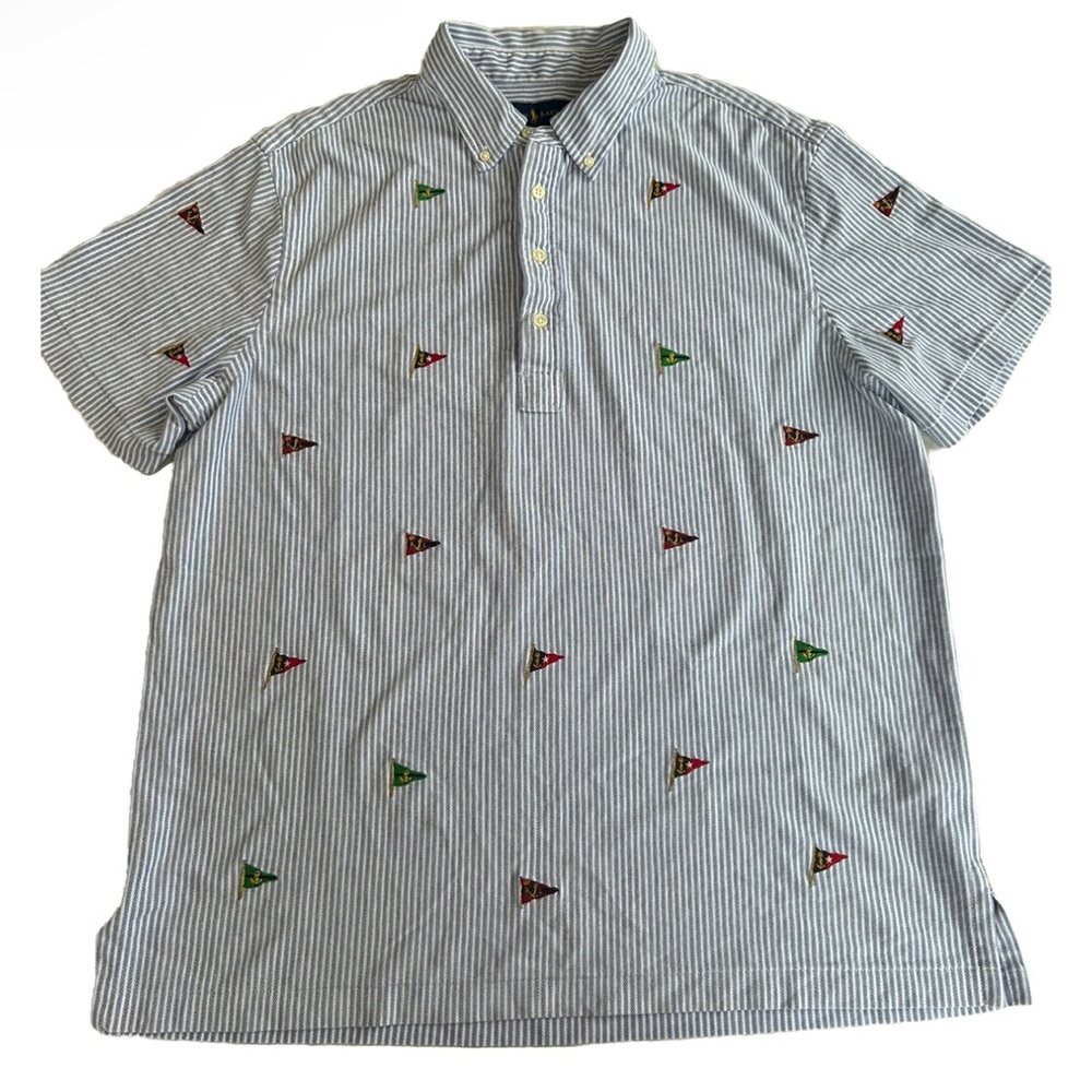 Polo Ralph Lauren Hampton Mens L Blue Striped Nautical Flag Knit Oxford SS Polo